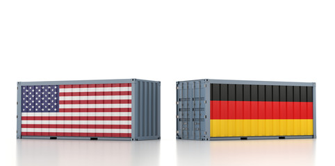Two freight container with USA and Germany flag. 3D Rendering © Marius Faust