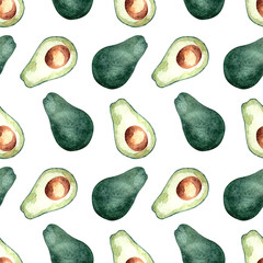 Seamless pattern with avocado, watercolor painting, bright design on a colored background. Illustrations for postcards, banners, posters, fabrics, kitchens