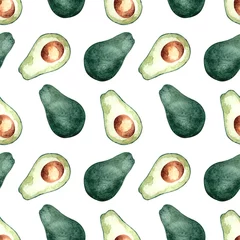 Wall murals Avocado Seamless pattern with avocado, watercolor painting, bright design on a colored background. Illustrations for postcards, banners, posters, fabrics, kitchens