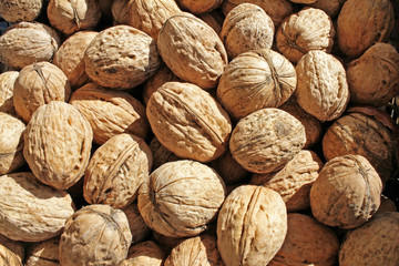 Walnuts with shells. Fresh organic nuts. Walnuts pattern. Nut background texture. Iodine.