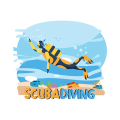 Professional Scuba Diver man dives in the ocean. Underwater swiming. Summer vacation concept of sport active holidays