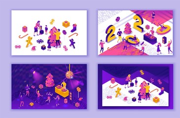 Fototapeta premium New year celebration landing page set, design kit, vector, christmas giveaway template, happy office people, family party background, bash, holiday poster, layout, tree decoration, kids with present