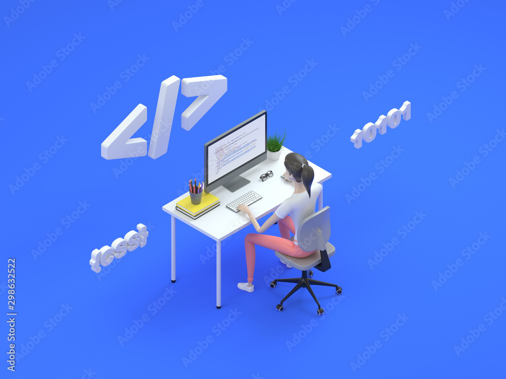 Wall mural female frontend developer sitting at a table in the modern office. digital technology concept learni