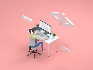 Young professional female programmer is working at a computer. Isometric 3d render, illustration for web page design. - 298632728