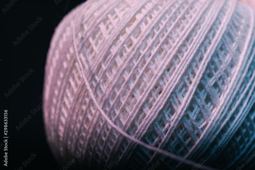 Poster Close up beautiful tangle of thread in red and blue light background texture. Macro Photography view.