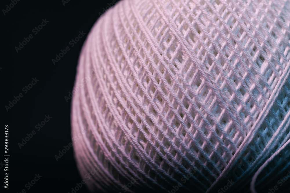 Poster Close up beautiful tangle of thread in red and blue light background texture. Macro Photography view.