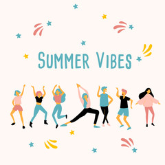 Layout template with cute young men and women dancing together , template for card, banner and poster : Vector Illustration