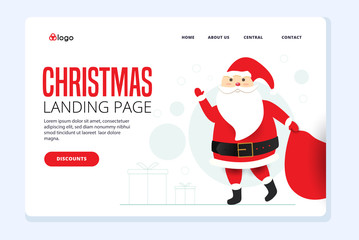 Merry Christmas Celebration Website Landing Page. Santa Claus in Red Costume and Hat Holding Big Sack Full of Gifts and Presents for Xmas Waving Hand Web Page Banner Cartoon Flat Vector Illustration