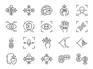 Biometric line icon set. Included icons as bio security, fingerprint scan, retina scan, face recognition, voice recognition, password and more. - obrazy, fototapety, plakaty