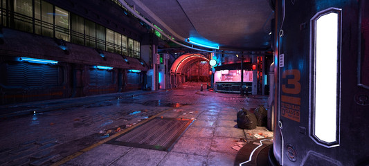 Cyberpunk city street. 3D illustration. Futuristic city at night. Cityscape with colorful neon lights. Grunge urban landscape. - obrazy, fototapety, plakaty