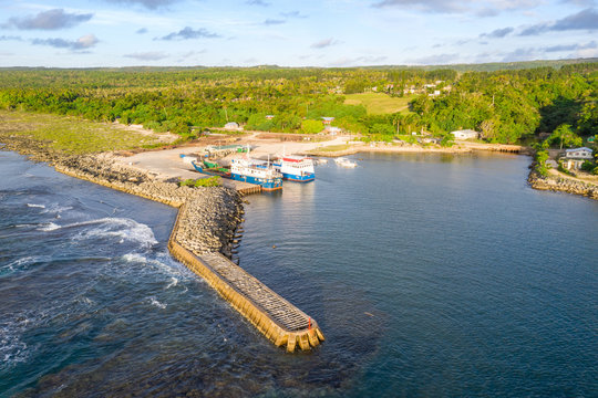 Eua island in Kingdom of Tonga aerial view on ferry port and harbour