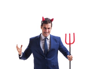 Evil devil businessman with pitchfork isolated on white backgrou