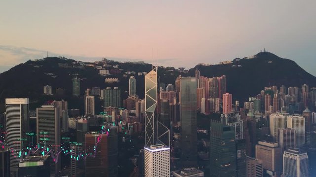 AERIAL. Animation of charts bar and Hong Kong cityscape on the background.