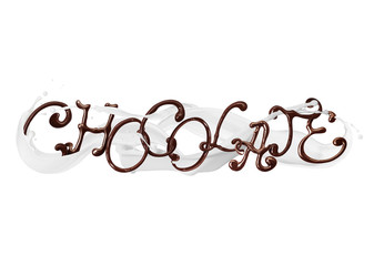 Inscription Chocolate made of chocolate elegant font with milk splashes, isolated on white background