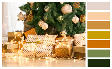 Many beautiful gift boxes under Christmas tree. Different color patterns