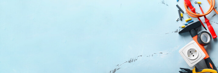 Set of electrician's supplies on color background with space for text