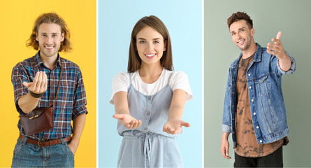 Obraz premium Collage of photos with young people inviting viewer