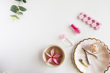 Tools of manicure set for nail care on a white background. Beauty concept. Copyspace mockup.