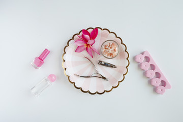 Tools of manicure set for nail care on a white background. Beauty concept. Copyspace mockup.