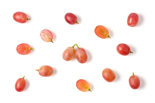 Top View Of Red Grapes Isolated On White Background.