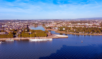 Deutsches Eck, German Corner, the confluence of the Rhine and Moselle rivers with the equestrian...