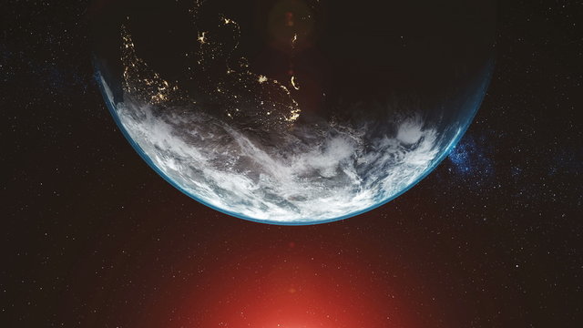 Earth Orbit Planet Skyline Flare Sun Beam Glow. Cosmic Bright Sunlight Radiance Satellite View Zoom in Outer Space Exploration Concept 3D Animation