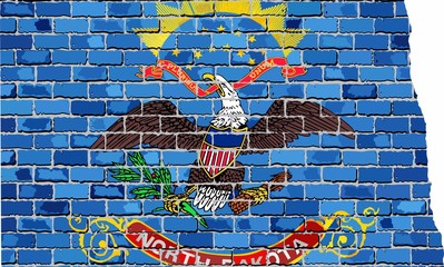 North Dakota map on a brick wall - Illustration,   The state of North Dakota map with flag inside