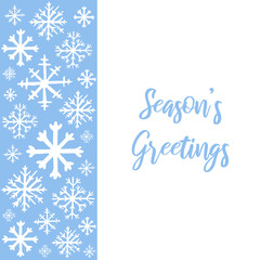 Fototapeta na wymiar Vector hand drawn background with white snowflakes on blue background and copy space for text. Seasons greetings hand lettered text. Winter, New Year and Christmas template for greeting card, poster