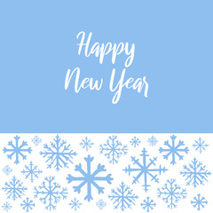Naklejka na ściany i meble Vector hand drawn background with white snowflakes on blue background and copy space for text. Happy New Year hand lettered text. Winter, New Year and Christmas template for greeting card, poster