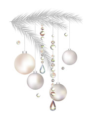 Christmas balls. Fir tree branch. White snowflakes. New Year's holidays. Christmas tree decoration. Isolated.  Vector illustration. Silver. Crystals. Jewelry.