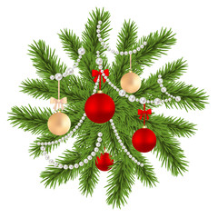 Pearls. Christmas balls. Vector illustration. Fir tree branch. White snowflakes. New Year's holidays. Christmas tree decoration. Isolated.