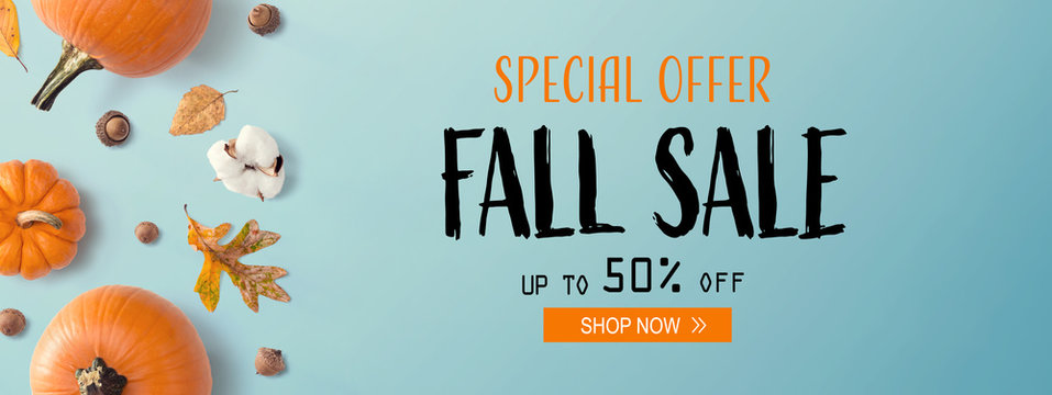 Fall sale banner with autumn pumpkins with leaves