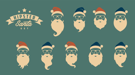 Vector set of faces with Santa hats, mustache and beards. Christmas Santa design elements. Holiday icons 