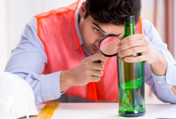 Drunk engineer working in the workshop