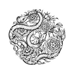 Roses and snake. Element for design. Graphic drawing, engraving style. Vector illustration..