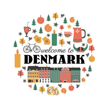 Danish symbols set in round frame with traditional food, travel icons vector illustration isolated, Nordic country landmark Copenhagen City Hall, candles, food, sweet, tableware, clothing for design