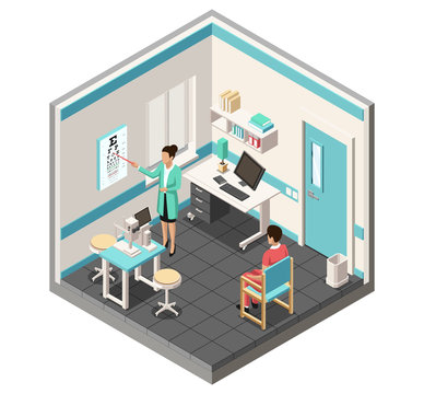 Isometric Medical concept. Ophthalmologist doctor is examining patients eyesight by Eye Chart Print.