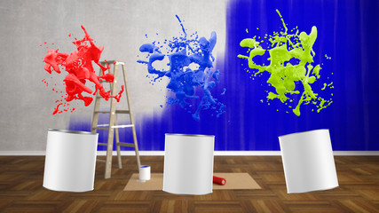 blank renovate living room with ladder and color splash buckets - 3D Illustration