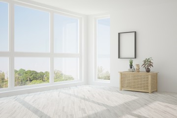 Empty room in white color. Scandinavian interior design. 3D illustration