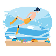 Boy Character Underwater Diver on Ocean Bottom with Corals, Man in Bikini with Snorkel, Flippers and Mask. Active Recreation, Vacation Pastime, Leisure Activity. Cartoon Flat Vector Illustration