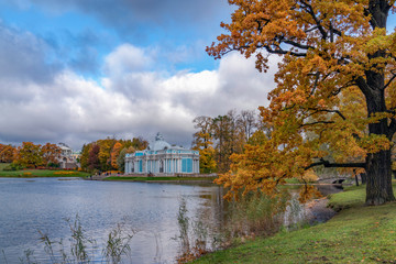 Golden autumn in Catherine Park, Pushkin, St. Petersburg, Russia. Pavilion "Grotto"