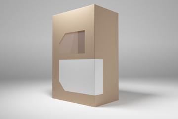 Rectangular cardboard box with a window and label. 3D render