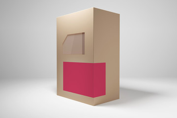 Rectangular cardboard box with a window and crimson label. 3D render