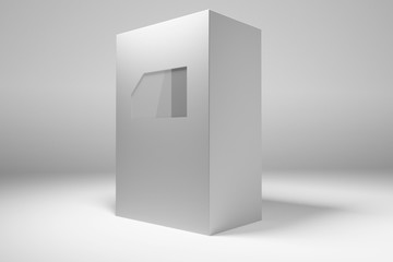 Rectangular white cardboard box with a window. 3D render