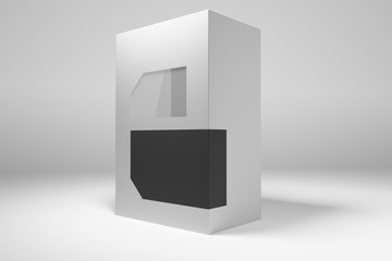 Rectangular white cardboard box with a window and label. 3D render