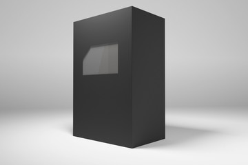Rectangular black cardboard box with a window. 3D render