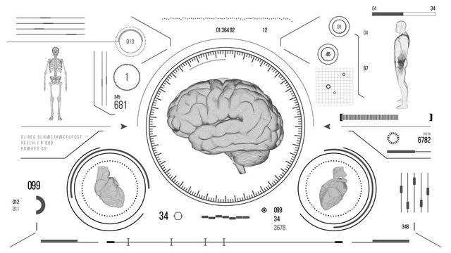Human brain scan. Futuristic medical user interface with HUD and infographic elements. Virtual technology background. Head-up display template for business, games, motion design, web and app.