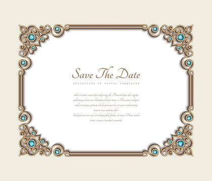 Vintage photo frame, save the date card with jewellery corner patterns, jewelry gold decoration with diamonds and emerald gems, wedding invitation template with place for text