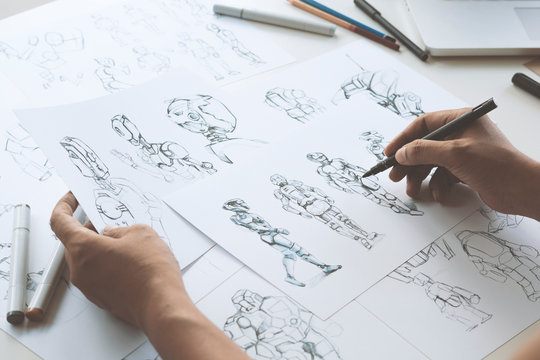 Animator designer Development designing drawing sketching development creating graphic pose characters sci-fi robot Cartoon illustration animation video game film production , animation design studio.