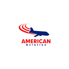 American aviation logo design with using plane and american banner design template